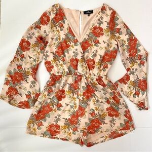 Lulu's Elegant Long Sleeve Lined Floral Romper Blush Pink Hawaiian, Size M